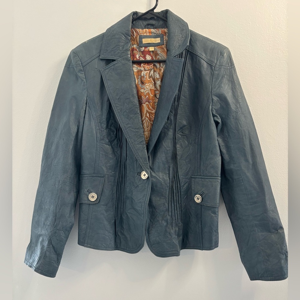 Wilson Leather Women’s VintageBlue Genuine Leather Blazer Size L Paisley Lining